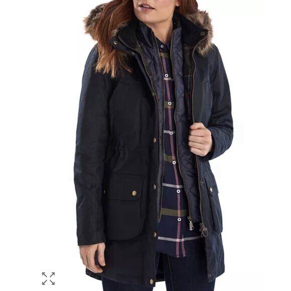 Barbour Thrunton Faux Fur-Trim Waxed Cotton Jacket In Navy Blue Women’s Size 4 - Picture 1 of 13